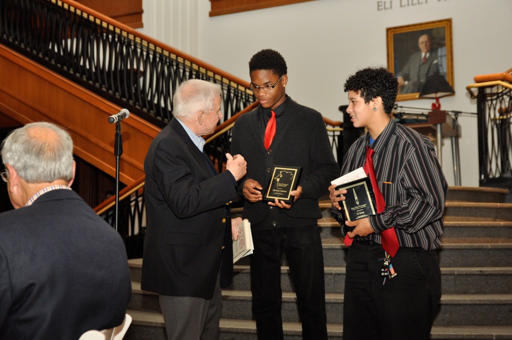 Legendary writer Dan Wakefield presented the Kurt Vonnegut and Jane Cox Vonnegut writing awards to to Shortridge students, Michael and G.