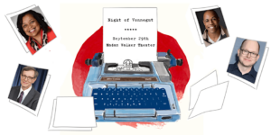Image of typewriter with pieces of paper surrounding it. Papers have images of Terrian Barnes, Barry Lynn, Dwight Simmons, and Mark Proksch
